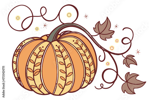 Decorative pumpkin with vine and leaves