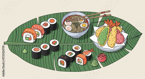A vibrant sushi platter with various rolls.