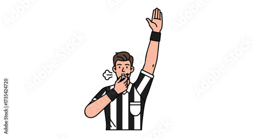 Animated referee enforcing regulations with whistle and hand signal in simple, clean design on a white background showing authority and sportsmanship