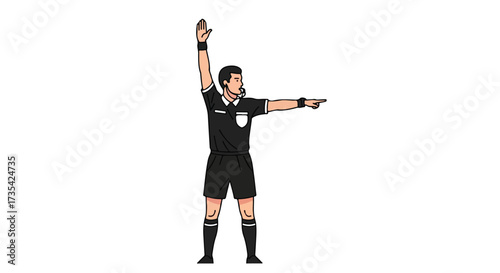 Sports Official Signalling: A Referee Illustration Demonstrating Penalty or Foul with Hand Signals and Whistle Communication in Active Competition