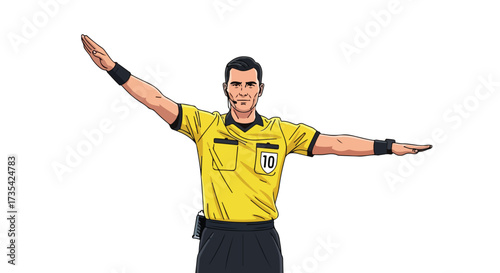Illustrated soccer referee signaling an offside penalty with arms extended on a white background