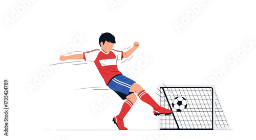 A dynamic soccer athlete kicks a ball towards a net, demonstrating skill and athleticism during a match or training session illustration vector