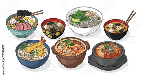 A variety of Asian noodle soups.