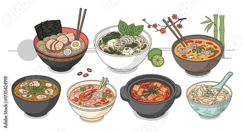A variety of Asian noodle soups.