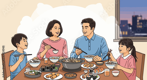 Family enjoying a meal together indoors.