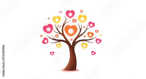 A vibrant tree adorned with glowing heartshaped leaves, Generative AI.
