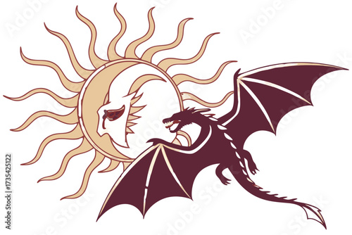 Dragon flying in front of a sun and moon symbol