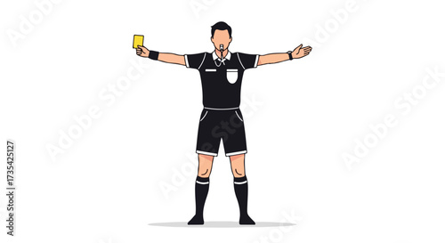 Illustrated soccer referee signaling with yellow card and extended arms on plain background stands out conveying serious message about fair play