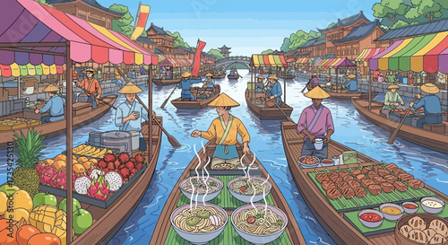 Vibrant floating market scene with boats.