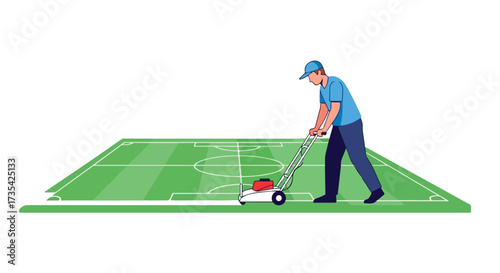Illustrative depiction showcasing the meticulous grooming process of a vibrant green sports field with precision using modern equipment
