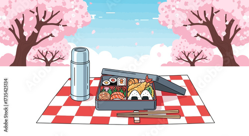 A colorful picnic setup under blooming cherry blossom trees.