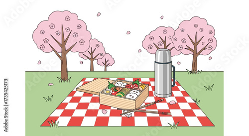 A colorful cartoon picnic setup outdoors.