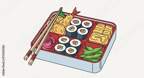 A colorful illustration of sushi and chopsticks.