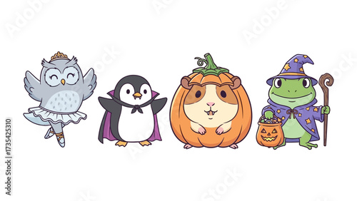 Whimsical Halloween Friends: A charming illustration of an owl, penguin, guinea pig, and frog dressed in adorable Halloween costumes.