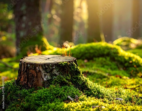 Sunlight filters through forest, illuminating moss-covered tree stump