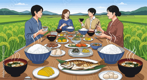 Group enjoying a traditional Japanese meal outdoors in a lush rice field. Healthy food, rural landscape, and communal dining illustration.