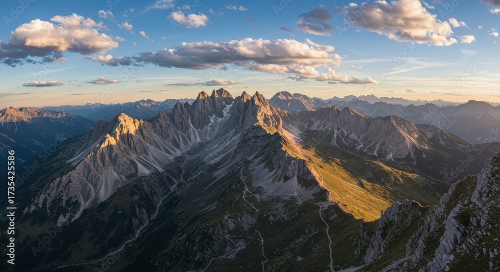 Obraz premium Majestic mountain range panorama with sunlit peaks under a partly cloudy blue sky landscape view