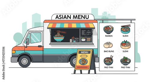 Asian Street Food Truck with Menu Displaying Ramen, Sushi, and Pad Thai. Urban Mobile Restaurant Illustration.
