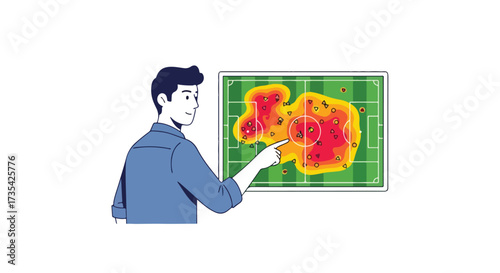Sports Analyst Explaining Heat Map Tactics On Soccer Field Strategy Displaying Action Zone Intensity Analysis and Distribution Planning with Data