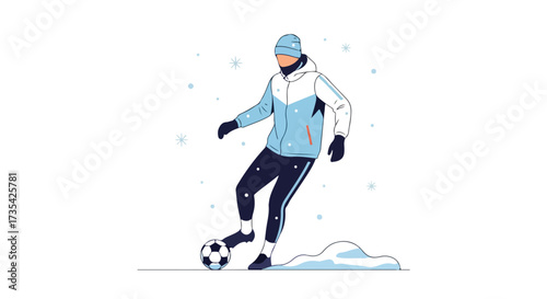 Winter soccer training: Athlete honing skills in a snowy landscape, emphasizing dedication, resilience, and a playful spirit amid a winter wonderland
