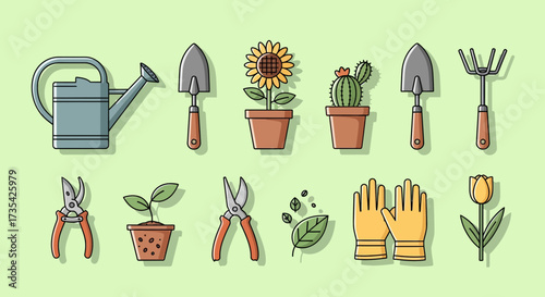 Flat Design Gardening Tools and Potted Plants Collection for Home Gardeners