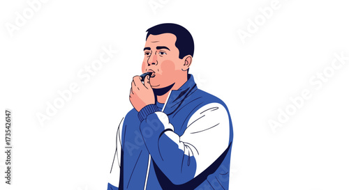 Concentrated man in blue jacket blowing a whistle with determination against plain background artistic illustration of sport official or trainer
