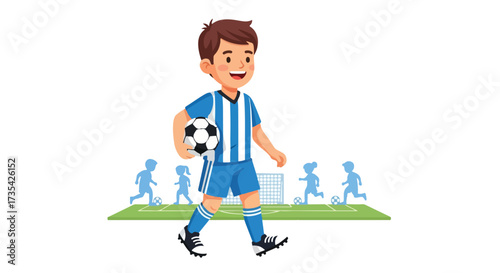 Enthusiastic young soccer player carrying a ball, ready for practice on the field with other children, illustration style for joyful sporty scene