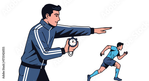 Athletic training scene depicting a coach timing a runner with a stopwatch during a training session designed to improve athletic performance and