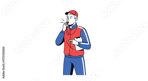 Dynamic sport coach illustration with whistle and clipboard conveying guidance and training with focus and determination showcasing leadership and