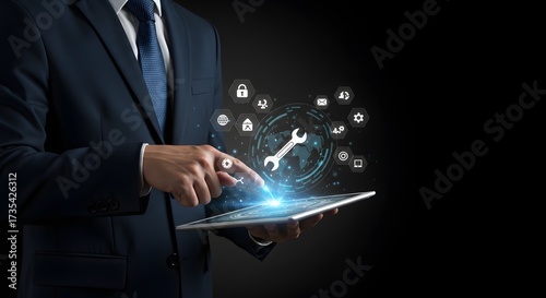 Business man using tablet with global support service icons