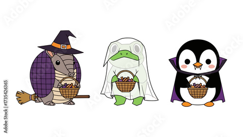 Halloween Costume Celebration: Three enchanting animal friends celebrate the spooky season. An armadillo in a witch's hat, a frog in a ghost costume and a penguin in a vampire cape.