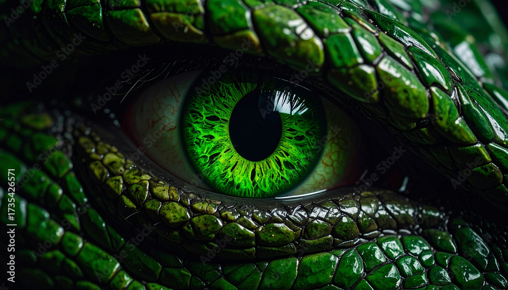 Fototapeta premium Emerald Gaze: Intense Green Reptilian Eye with Scaled Skin Texture