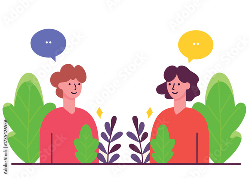 Two people talking surrounded by plants conversation communication