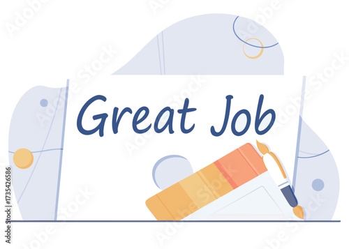 Blue script great job text on paper with paintbrush and palette vector