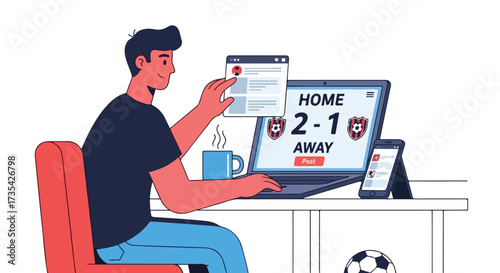 Enthusiastic soccer fan at home updating social media during a match with coffee and devices showing the current score and content displayed