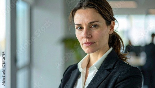 Young businesswoman professional manager wearing suit considering financial risks looking at camera standing at office. Free Download Young businesswoman professional manager wearing suit considering financial risks looking at camera standing at office. - GFXLoad