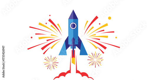 Blue Rocket Launching with Colorful Fireworks Display, Generative AI.