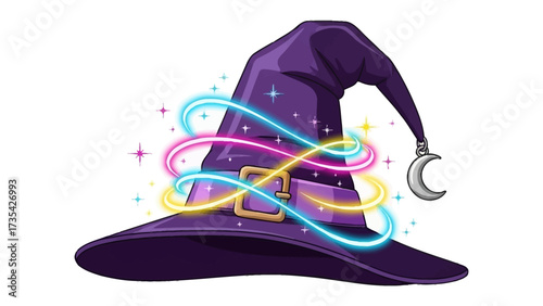 Enchanting Witch's Hat: A vibrant illustration of a classic witch's hat, adorned with swirling, glowing ribbons and a crescent moon charm. Perfect for conveying themes of magic, fantasy.