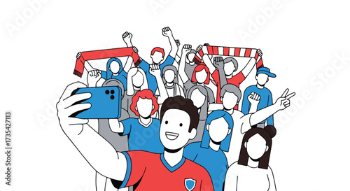 Enthusiastic fans capturing a selfie together in support of their team, expressing joy and excitement at a sporting event, with bright colors and