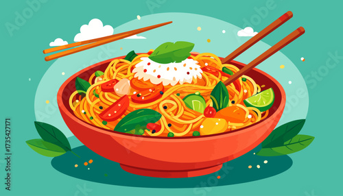 A bowl of noodles with vegetables and chopsticks.