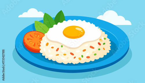 fried egg on a plate with rice.