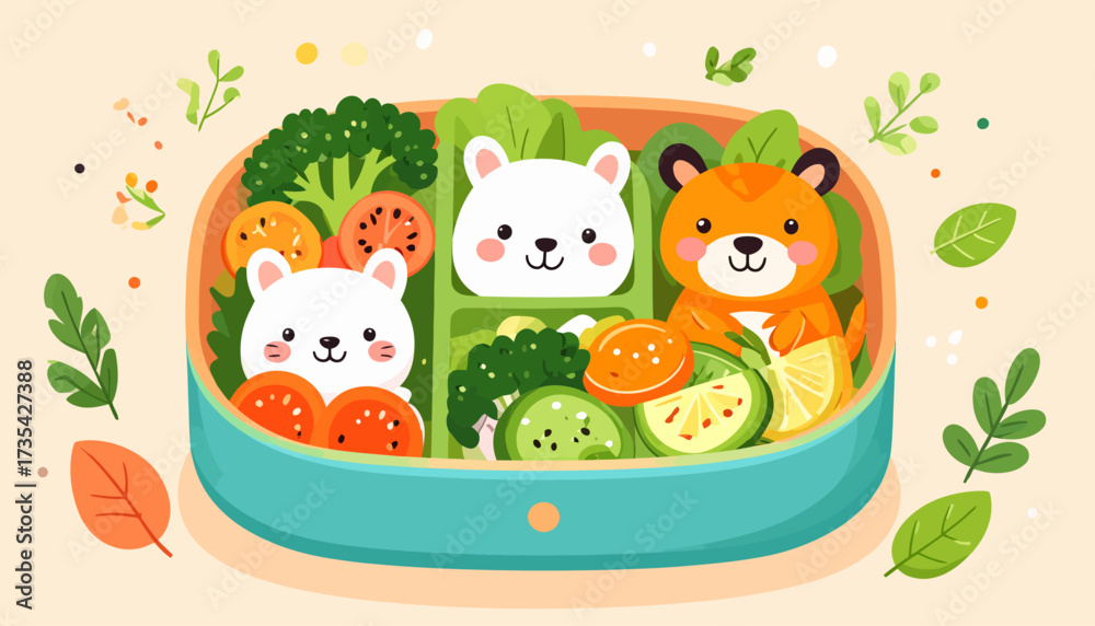Fototapeta premium Cute Animal Bento Box Lunch Illustration with Healthy Fresh Vegetables and Fruits for Kids' Meal
