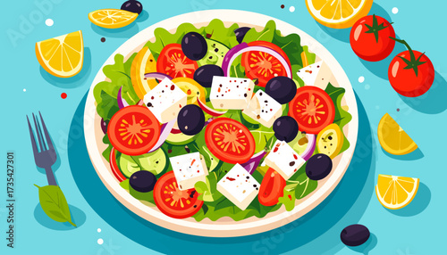 Healthy Greek Salad Illustration with Feta, Olives, and Fresh Vegetables. Mediterranean Food, Top View