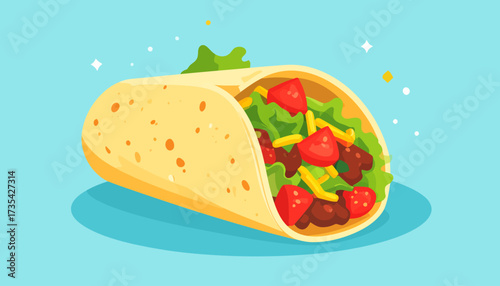 Vibrant Cartoon Burrito Illustration with Fresh Fillings. Delicious Mexican Food Graphic on Blue Background