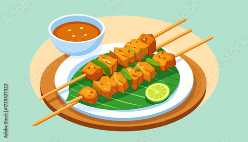 Grilled Skewers with Peanut Sauce & Lime. Delicious Asian-Inspired Kebab. Flat Vector Food Illustration.