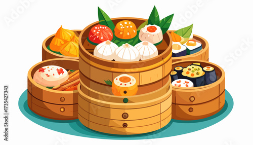 Traditional Dim Sum Assortment in Bamboo Steamers. Asian Steamed Dumplings and Dishes. Flat Design Illustration.