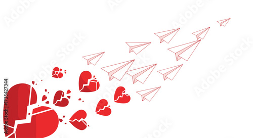 Broken Heart Transforms into Paper Airplanes Flying Away, Generative AI.