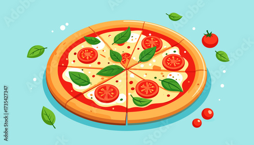 Classic Margherita Pizza Slices with Fresh Basil & Tomatoes. Flat Cartoon Vector Illustration on Blue Background.