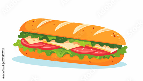 Classic Submarine Sandwich Vector Illustration with Fresh Ingredients on a White Background