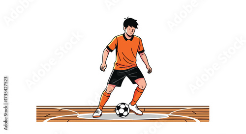 Dynamic Futsal Player Dribbling the Ball on the Court with Focused Determination and Skillful Footwork Depicted in a Vibrant Illustration